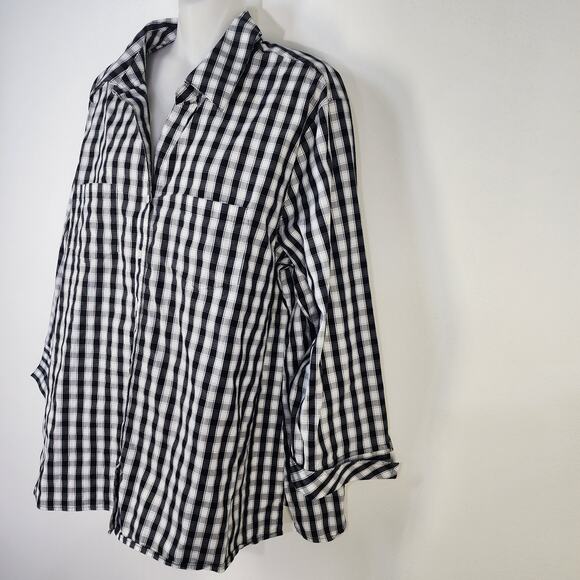 Foxcroft Shirt Shaped Fit Women 18W Button Black White Gingham 3/4 Sleeve Pocket - Picture 5 of 10